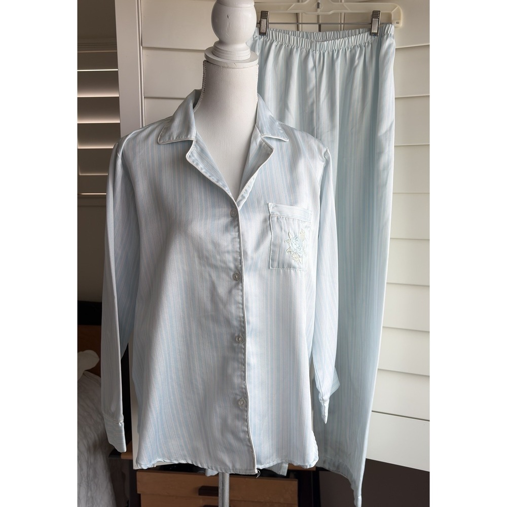 Miss Elaine Pajama Set Womens S Blue White Stripe Floral Embroidered Sleepwear